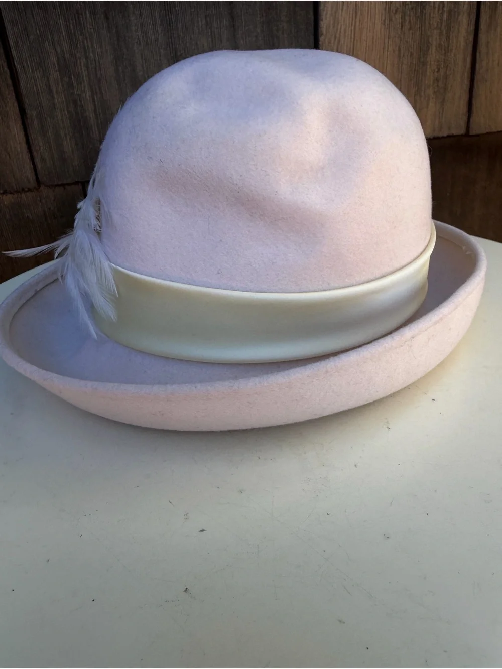 Vintage Mr Charles wool bowler brim hat cream color feathers rhinestones Sz 21”